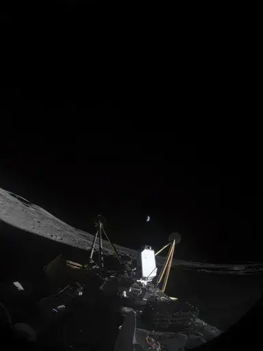This photo provided by Intuitive Machines on Friday, March 7, 2025, shows the Athena, a private lunar lander, after landing sideways in a crater near the moon's south pole. (Intuitive Machines via AP)