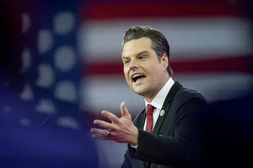 Rep. Matt Gaetz, R-Fla., speaks during the Conservative Political Action Conference, CPAC 2024, at the National Harbor, in Oxon Hill, Md., Feb. 23, 2024. (AP Photo/Alex Brandon, File)