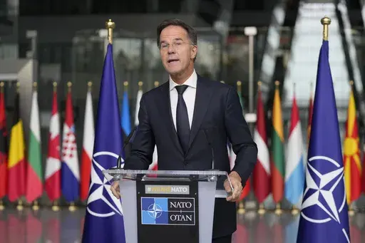 NATO Secretary General Mark Rutte delivers a statement, after a meeting with a high level South Korean delegation including top intelligence and military officials as well as senior diplomats briefed NATO diplomats, at NATO headquarters in Brussels on Monday, Oct. 28, 2024. (AP Photo/Virginia Mayo)