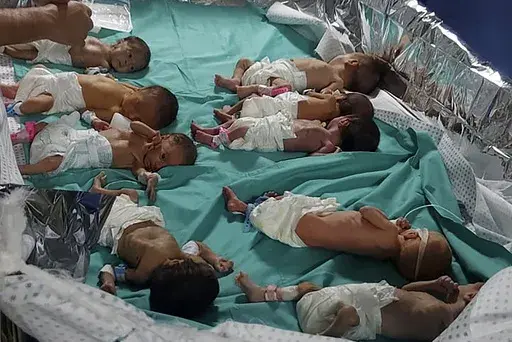 This photo released by Dr. Marawan Abu Saada shows prematurely born Palestinian babies in Shifa Hospital in Gaza City on Sunday, Nov. 12, 2023. As Palestinian authorities are proposing an evacuation of Gaza's biggest hospital, experts warn that transporting vulnerable babies and other patients is perilous even under the best circumstances. (Dr. Marawan Abu Saada via AP, File)