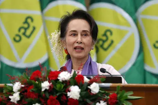 Myanmar's then leader Aung San Suu Kyi delivers a speech during a meeting on implementation of Myanmar Education Development in Naypyidaw, Myanmar, Jan. 28, 2020. Myanmar’s military says Suu Kyi has been moved from prison to house arrest as health measure due to a heat wave. (AP Photo/Aung Shine Oo, File)