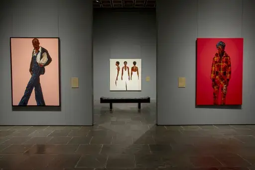 Artworks from the Barkley L. Hendricks exhibition are displayed on Monday, Sept. 18, 2023 at The Frick Madison in New York. Hendricks, who died in 2017, is the first artist of color to have a solo exhibit at the Frick. “Barkley L. Hendricks: Portraits at the Frick” is open now through Jan. 7, 2024. (Photo by Andy Kropa/Invision/AP)