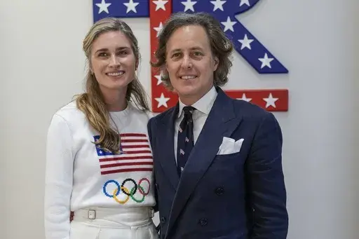 Lauren Bush Lauren, left, and David Lauren pose for photographers upon arrival at a Ralph Lauren event during the 2024 Summer Olympics, Saturday, July 27, 2024, in Paris, France. (AP Photo/Natacha Pisarenko)
