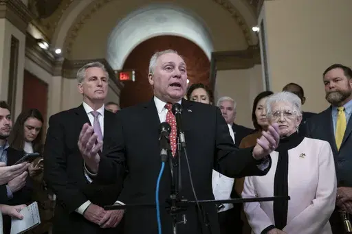 House Majority Leader Steve Scalise, R-La., is flanked by Speaker of the House Kevin McCarthy, R-Calif., left, and Rep. Virginia Foxx, R-N.C., as he talks to reporters at the Capitol in Washington, March 24, 2023. House Republicans are set to approve a sprawling energy package that counters virtually all of President Joe Biden's agenda to address climate change. (AP Photo/J. Scott Applewhite, File)