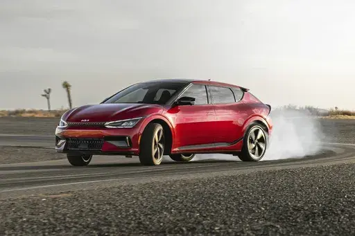 This photo provided by Kia, shows the 2023 Kia EV6 GT, a performance variant of their all-electric compact SUV. (Courtesy of Kia America via AP)