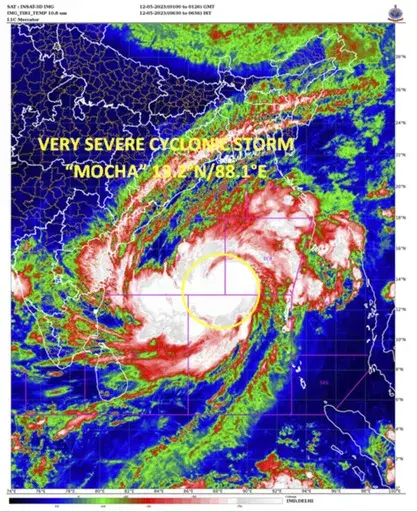 This satellite image provided by India Meteorological Department shows storm Mocha intensify into a very severe cyclonic storm. Authorities in Bangladesh and Myanmar prepared to evacuate hundreds of thousands of people Friday, warning them to stay away from coastal areas as a severe cyclonic storm churned in the Bay of Bengal. The storm is expected to roar in on Sunday with a wind speed of up to 160 kilometers per hour (100 miles per hour), gusting to 175 kph (110 mph) between Cox’s Bazar in B