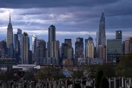 The sun sets behind the New York skyline, Nov. 13, 2022, as seen from Calvary Cemetery. New York City appears to have gotten an additional 1,090 people added to its population total recently after asking the Census Bureau to double-check the city's numbers from the head count of every U.S. resident, city officials said. (AP Photo/Julia Nikhinson, File)