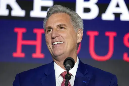 House Minority Leader Kevin McCarthy of Calif., speaks at an election event, early Wednesday, Nov. 9, 2022, in Washington. (AP Photo/Alex Brandon)