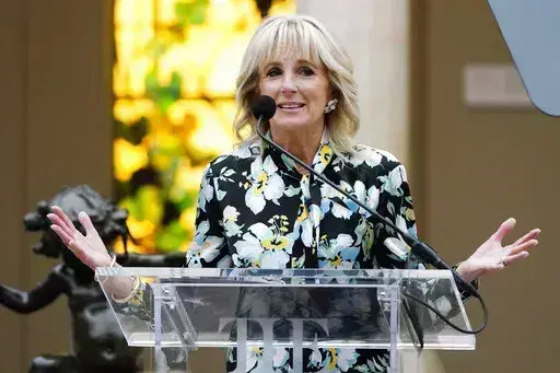 First lady Jill Biden speaks at the unveiling of the Met Museum Costume Institute's exhibit "In America: A Lexicon of Fashion" on Monday, May 2, 2022, in New York. (Photo by Charles Sykes/Invision/AP)