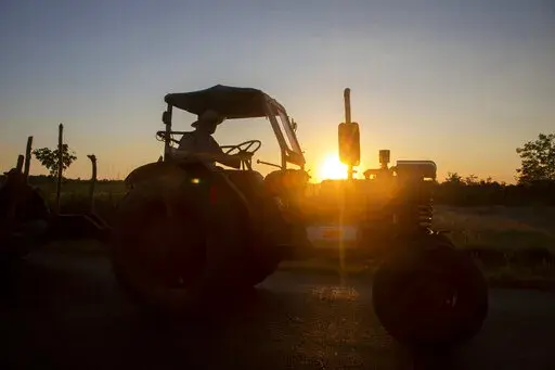 A man moves on a tractor along the highway at dawn, in Batabano, Cuba, Tuesday, Oct. 25, 2022. Cuba is suffering from longer droughts, warmer waters, more intense storms, and higher sea levels because of climate change. (AP Photo/Ismael Francisco)