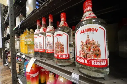 This is a display of Alimov Vodka, from Russia, in a Total Wine and More store in University Park, Fla., on Sunday, Feb. 27, 2022. The House voted overwhelmingly Thursday, March 17, to suspend normal trade relations with Russia and Belarus, preparing for President Joe Biden to enact higher tariffs on more products and further weaken the Russian economy in response to its military assault on Ukraine. The U.S. has already taken steps to shut off the importation of Russian oil, liquefied natural ga