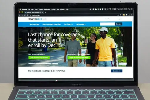 The healthcare.gov website is seen, on Dec. 14, 2021 in Fort Washington, Md. A new year means changes to Medicare, including updated premiums and deductibles and sometimes big policy moves. In 2023, there’s a little of everything: Some costs have gone down, others have increased, and there are some notable tweaks to how Medicare works. (AP Photo/Alex Brandon, File)