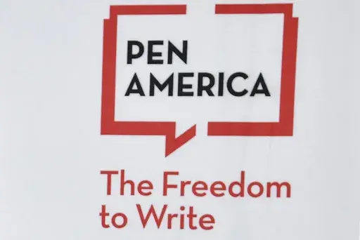 A logo is displayed at the PEN America Literary Awards on Thursday, March 2, 2023, in New York. Several authors have turned down awards and awards nominations from PEN America for this year's ceremony, citing unhappiness with the literary and free expression organization's stance on the war in Gaza. (Photo by Evan Agostini/Invision/AP, File)