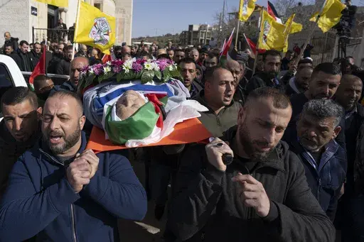 Mourners carry the body of Omar Assad, during his funeral in the West Bank village of Jiljiliya, north of Ramallah, Thursday, Jan. 13, 2022. Israeli leaders on Sunday, April 21, 2024, harshly criticized an expected decision by the U.S. to impose sanctions on a unit of ultra-Orthodox soldiers in the Israeli military. The unit came under heavy American criticism in 2022 after the elderly Palestinian-American man was found dead shortly after he was detained at a West Bank checkpoint. (AP Photo/Nass