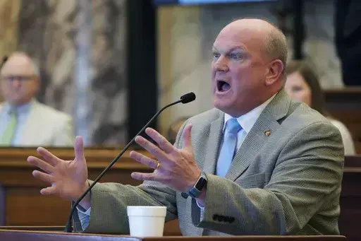 Senate Judiciary A Committee Chairman Brice Wiggins, R-Pascagoula, calls out for support to help to combat crime in Jackson, Miss., by supporting the controversial Jackson Capitol Complex Improvement District bill, Thursday, March 30, 2023, at the Capitol in Jackson, Miss. (AP Photo/Rogelio V. Solis)