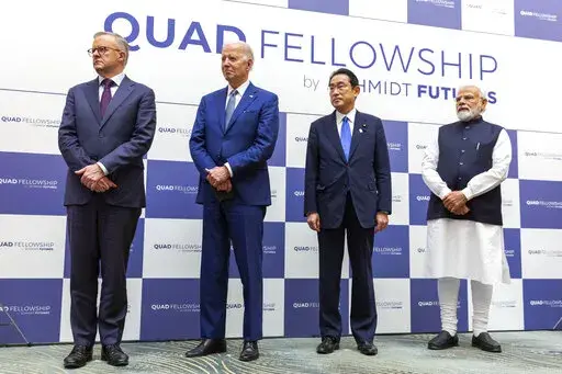 From left, Australian Prime Minister Anthony Albanese, U.S. President Joe Biden, Japanese Prime Minister Fumio Kishida and Indian Prime Minister Narendra Modi attend the Japan-U.S.-Australia-India Fellowship Founding Celebration event in Tokyo Tuesday, May 24, 2022. (Yuichi Yamazaki/Pool Photo via AP)