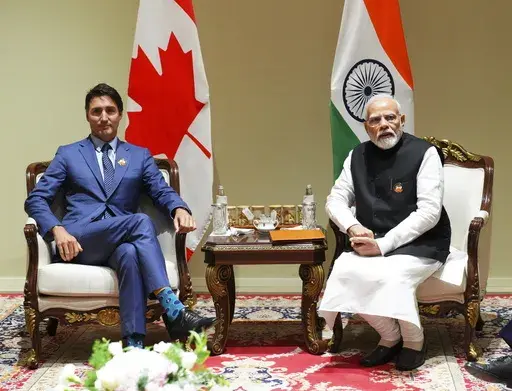 Prime Minister Justin Trudeau takes part in a bilateral meeting with Indian Prime Minister Narendra Modi during the G20 Summit in New Delhi, India on Sunday, Sept. 10, 2023. The Biden administration is nervously watching a dispute between Canada and India, with some officials concerned it could upend the U.S. strategy toward the Indo-Pacific that is directed at blunting China’s influence there and elsewhere. (Sean Kilpatrick/The Canadian Press via AP, File)