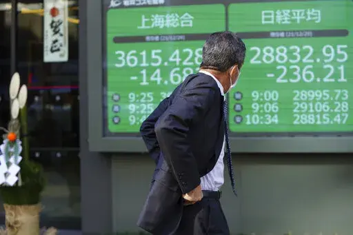 A man wearing a protective mask looks at an electronic stock board showing Japan's Nikkei 225 and Shanghai indexes at a securities firm with a traditional New Year decoration at it entrance Wednesday, Dec. 29, 2021, in Tokyo. Asian shares mostly slipped Wednesday, as worries lingered about the coronavirus omicron variant's potential damage to the regional economy following mixed cues from Wall Street. (AP Photo/Eugene Hoshiko)