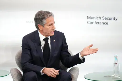 United States Secretary of State Antony Blinken attends a panel discussion at the Munich Security Conference in Munich, Saturday, Feb. 18, 2023. The 59th Munich Security Conference (MSC) is taking place from Feb. 17 to Feb. 19, 2023 at the Bayerischer Hof Hotel in Munich. (AP Photo/Petr David Josek)