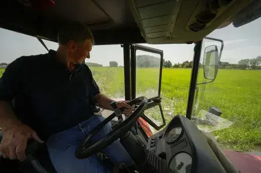 Rice farmer Giovanni Daghetta handles a dewatering pump from a tractor to get water from a channel to a completely dried rice field, in Mortara, Lomellina area, Italy, Monday, June 27, 2022. The worst drought Italy has faced in 70 years is thirsting paddy fields in the river Po valley and jeopardizing the harvest of the premium rice used for risotto. (AP Photo/Luca Bruno)