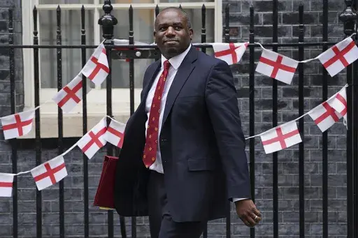 Britain's Foreign Secretary David Lammy leaves Downing Street after a cabinet meeting, in London, Tuesday July 9, 2024. (Lucy North/PA via AP)