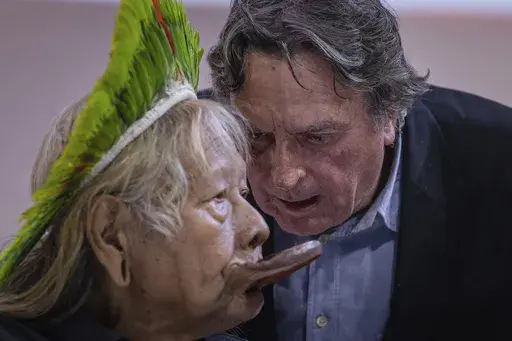 Indigenous Chief Raoni Metuktire, left, and Belgian filmmaker Jean-Pierre Dutilleux attend a meeting at the ChangeNOW summit in Paris, France, May 27, 2023. For five decades, the Amazonian tribal chief and Belgian film director enlisted presidents and royals, even Pope Francis, to improve the lives of Brazil’s Indigenous peoples and protect their lands. Behind the scenes, however, the relationship was nearing its end. Not long after returning to Brazil in May 2024, the chief of the Kayapo seve